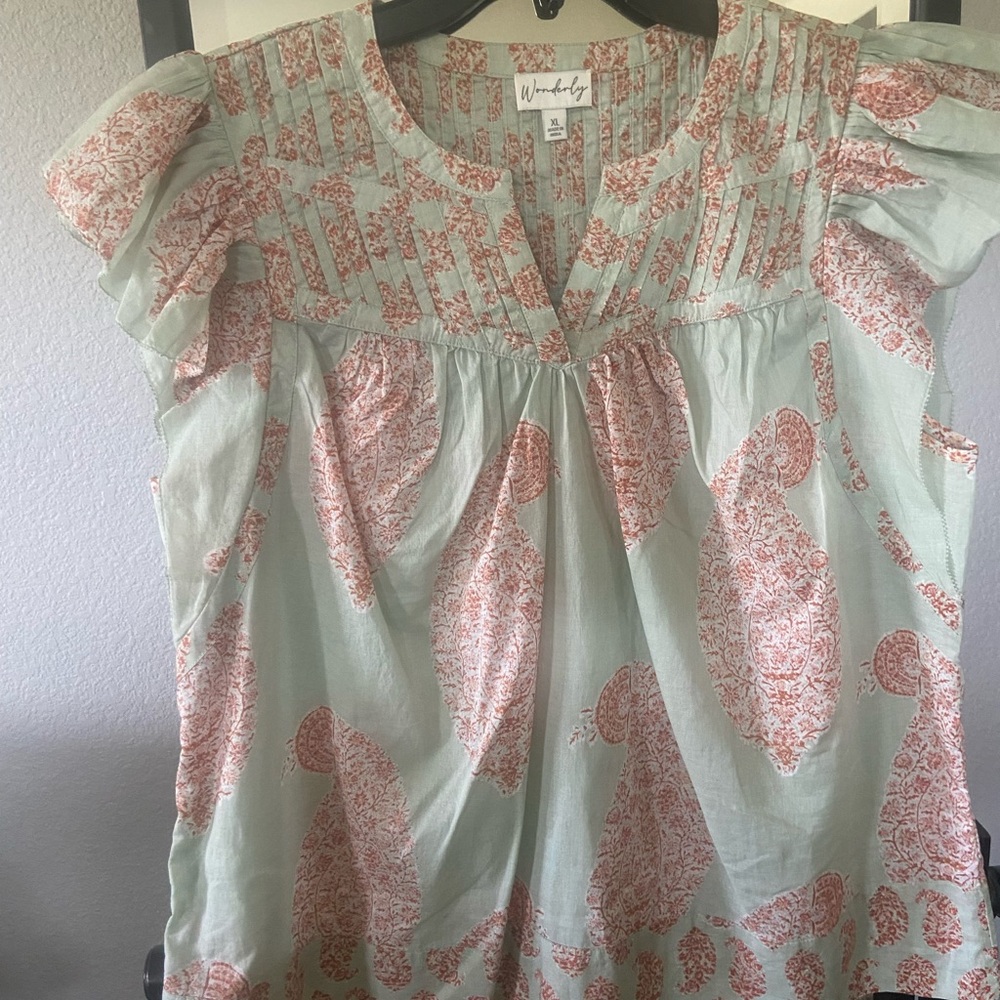 Wonderly Mint Green and Coral Paisley V-Neck Blouse